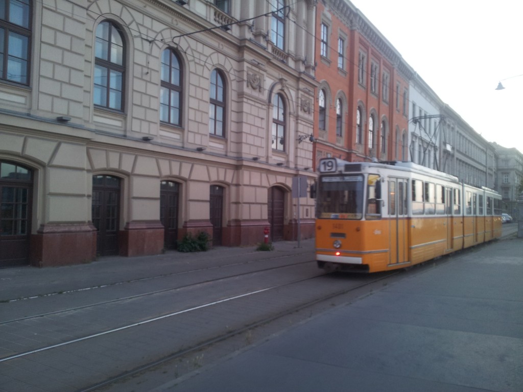 Trams running next to old beautiful buildings